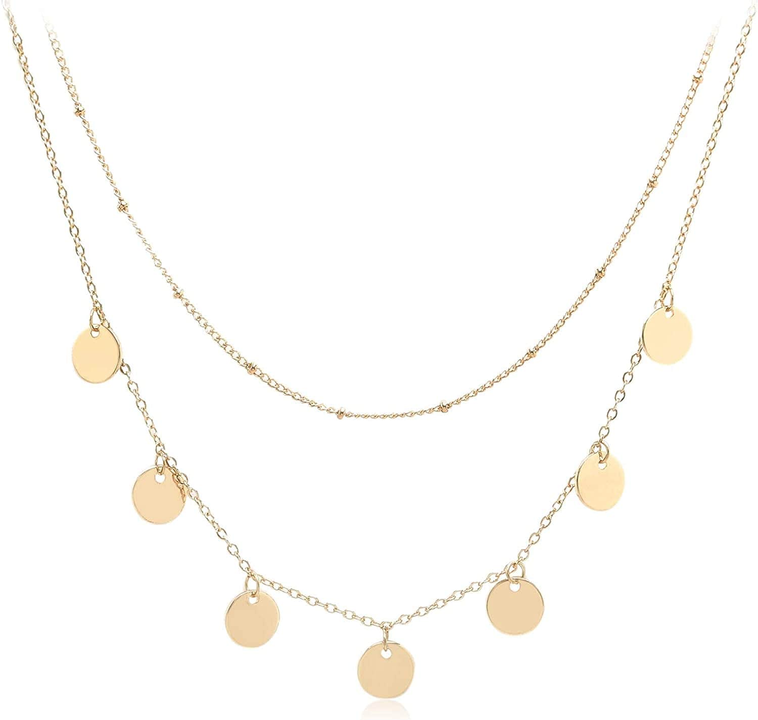 Dainty Layered Choker Necklaces Handmade Coin Tube Star Pearl Pendant Multilayer Adjustable Layering Chain Gold Plated Necklaces Set for Women Girls Gold-Coin Charms