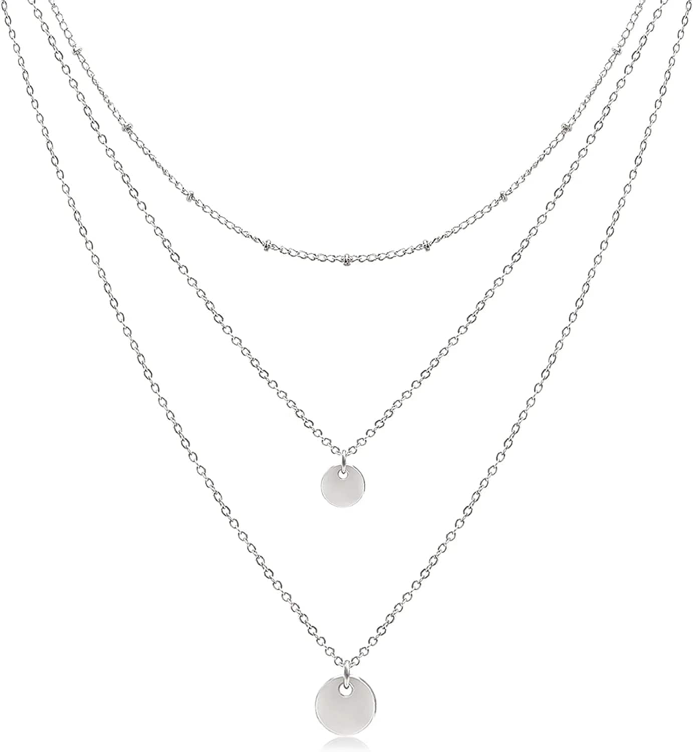 Dainty Layered Choker Necklaces Handmade Coin Tube Star Pearl Pendant Multilayer Adjustable Layering Chain Gold Plated Necklaces Set for Women Girls Silver-Two Disc