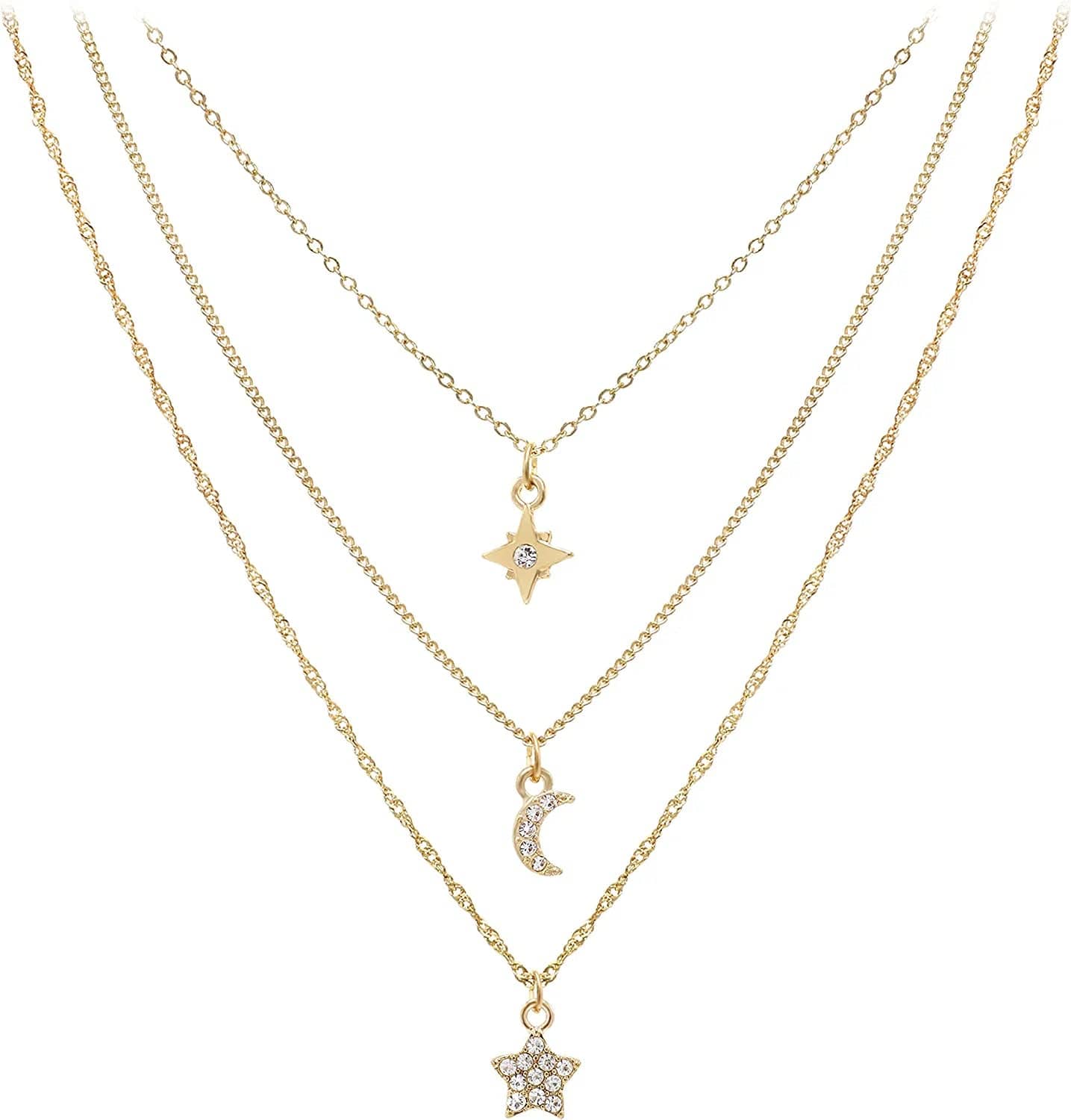 Dainty Layered Choker Necklaces Handmade Coin Tube Star Pearl Pendant Multilayer Adjustable Layering Chain Gold Plated Necklaces Set for Women Girls Moon Star Pendant necklace