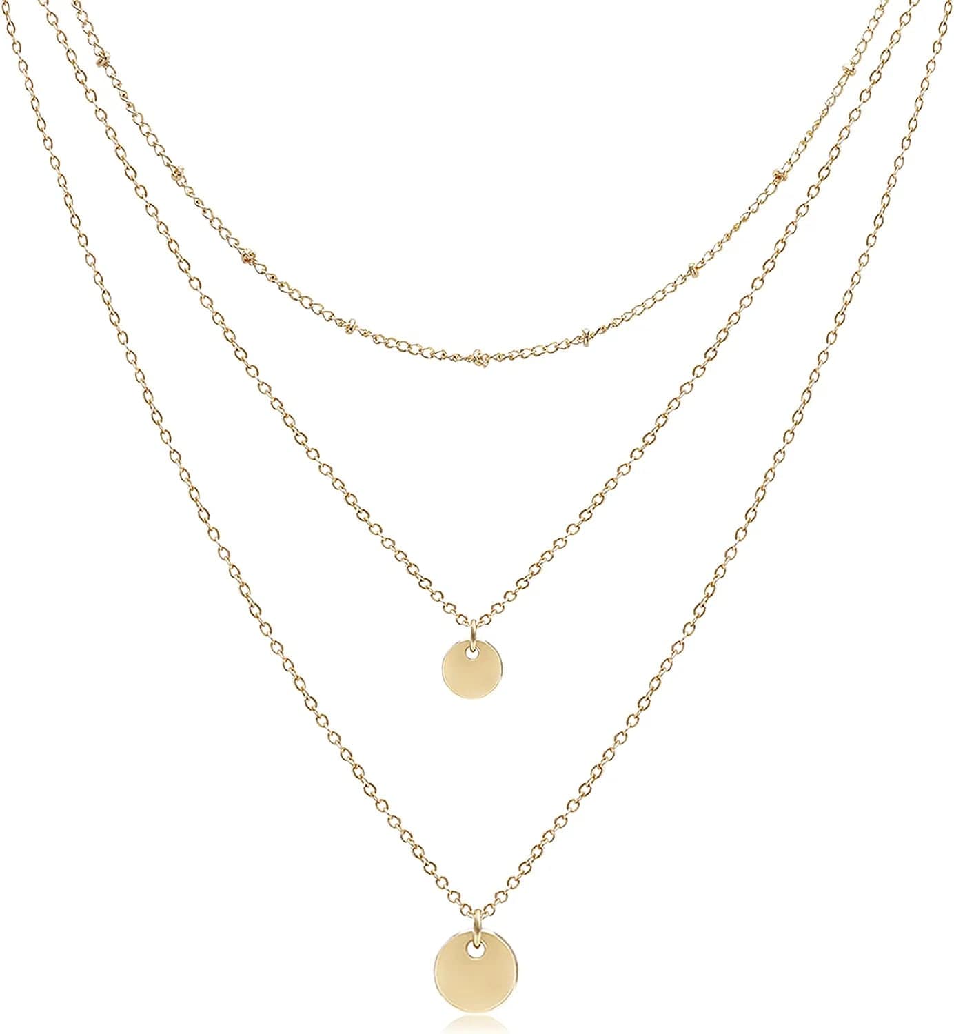 Dainty Layered Choker Necklaces Handmade Coin Tube Star Pearl Pendant Multilayer Adjustable Layering Chain Gold Plated Necklaces Set for Women Girls Golden-Two Disc