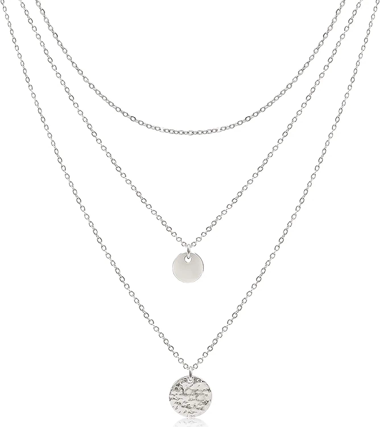 Dainty Layered Choker Necklaces Handmade Coin Tube Star Pearl Pendant Multilayer Adjustable Layering Chain Gold Plated Necklaces Set for Women Girls Silver-Full Moon&Disc