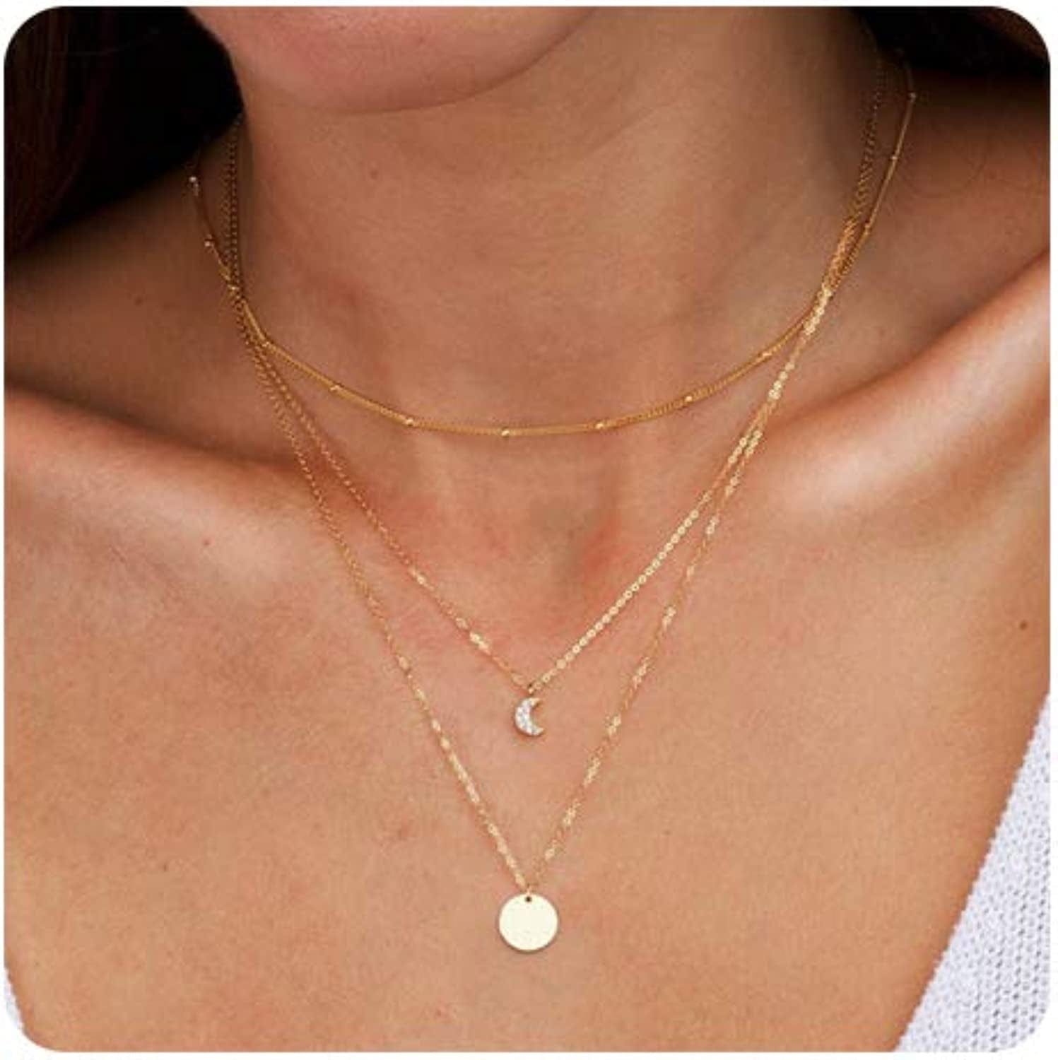 Dainty Layered Choker Necklaces Handmade Coin Tube Star Pearl Pendant Multilayer Adjustable Layering Chain Gold Plated Necklaces Set for Women Girls Moon&Coin