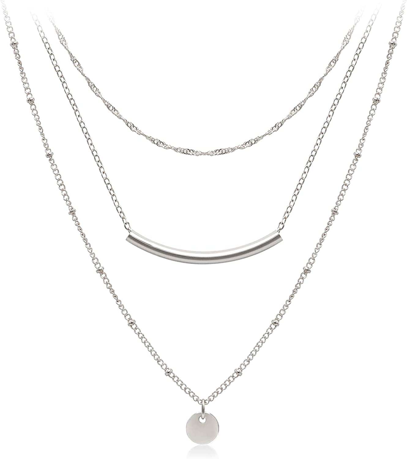 Dainty Layered Choker Necklaces Handmade Coin Tube Star Pearl Pendant Multilayer Adjustable Layering Chain Gold Plated Necklaces Set for Women Girls Silver-Coin&Bar Necklace