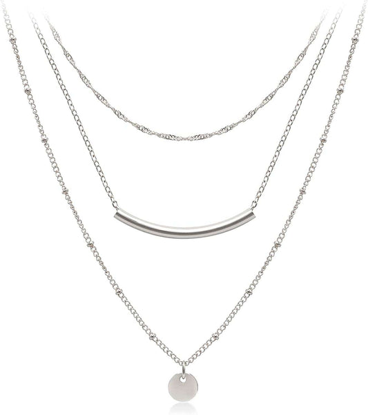 Dainty Layered Choker Necklaces Handmade Coin Tube Star Pearl Pendant Multilayer Adjustable Layering Chain Gold Plated Necklaces Set for Women Girls Silver-Coin&Bar Necklace