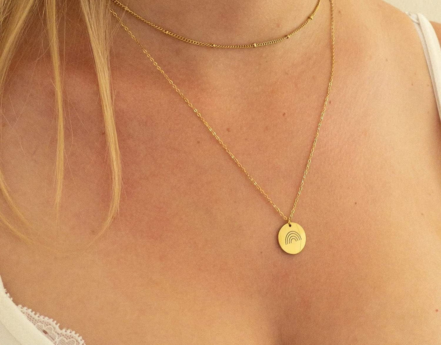 Dainty Weather Necklaces for Women, 14K Gold Plated Personalized Disc Rainbow Sun Star Moon Wave Compass Lightning Pendant for Women