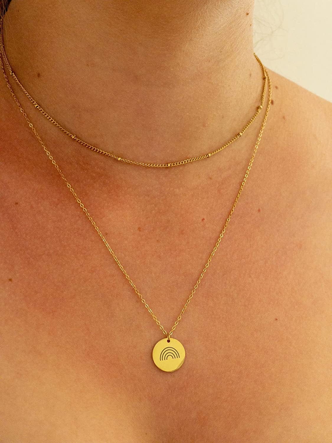 Dainty Weather Necklaces for Women, 14K Gold Plated Personalized Disc Rainbow Sun Star Moon Wave Compass Lightning Pendant for Women