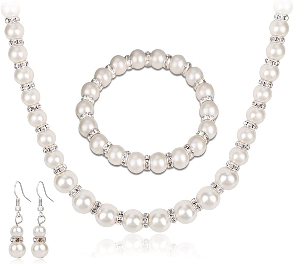 Danbihuabi Silver Plated Faux Pearl Necklace Earring Bracelet Jewelry Set Pearl Necklace Set (White3)