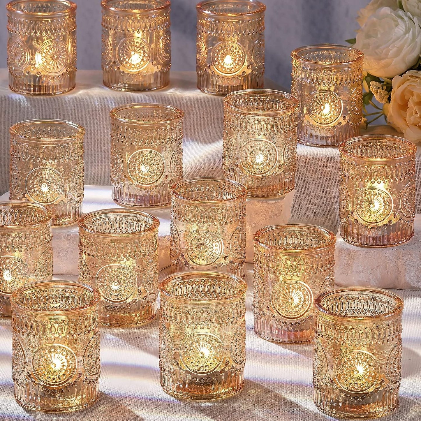 DARJEN Clear Votive Candle Holders Set of 36- Glass Candle Holders Bulk for Tea Light Candle, Embossed Candle Votives for Wedding Centerpiece, Living Room & Home Table Decor Gold