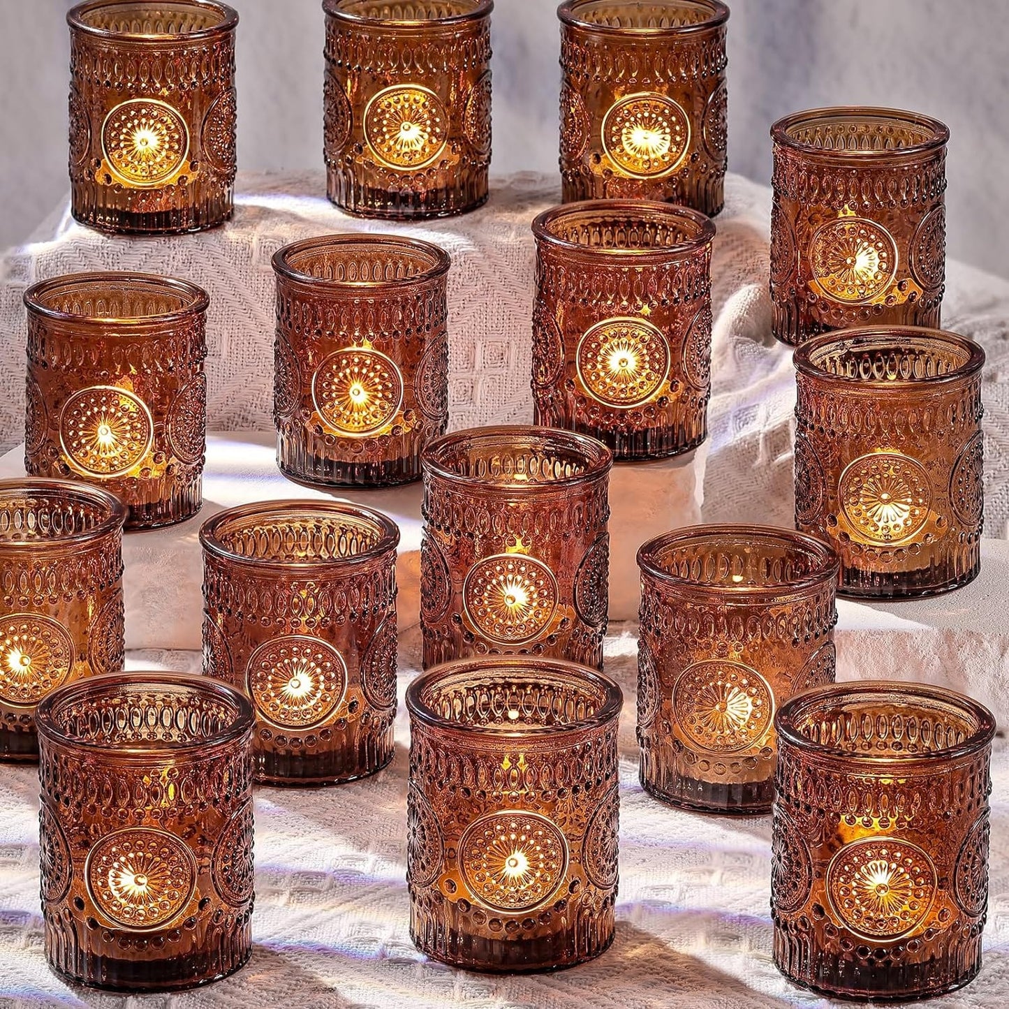 DARJEN Clear Votive Candle Holders Set of 36- Glass Candle Holders Bulk for Tea Light Candle, Embossed Candle Votives for Wedding Centerpiece, Living Room & Home Table Decor Amber