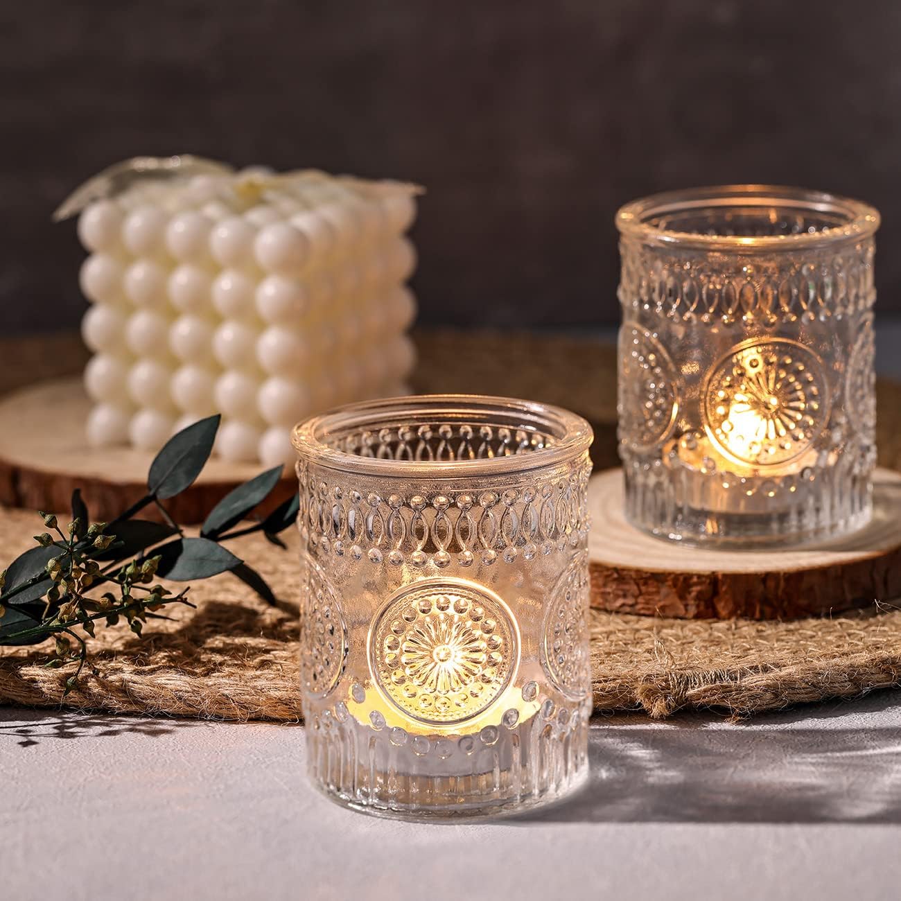 DARJEN Clear Votive Candle Holders Set of 36- Glass Candle Holders Bulk for Tea Light Candle, Embossed Candle Votives for Wedding Centerpiece, Living Room & Home Table Decor