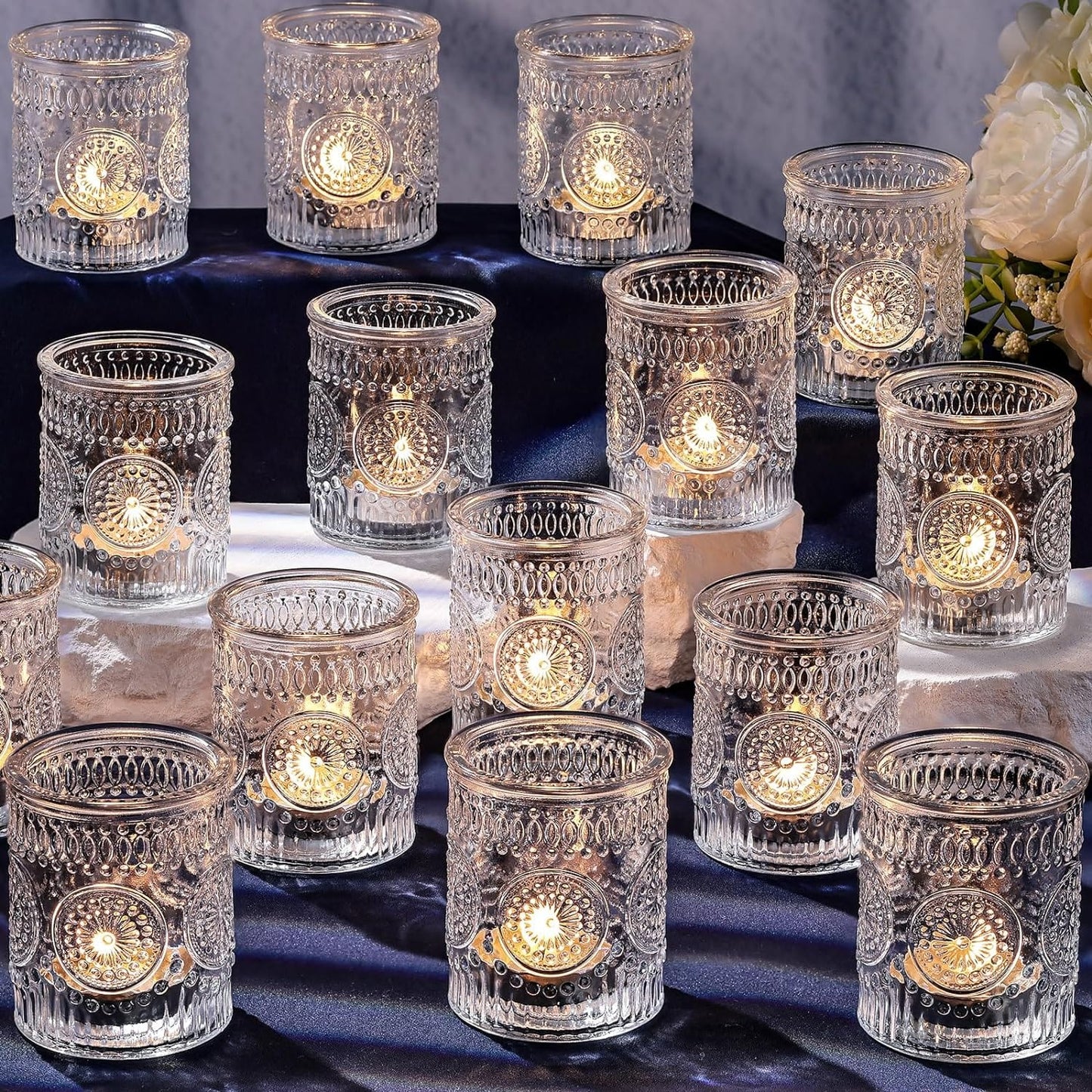 DARJEN Clear Votive Candle Holders Set of 36- Glass Candle Holders Bulk for Tea Light Candle, Embossed Candle Votives for Wedding Centerpiece, Living Room & Home Table Decor Clear