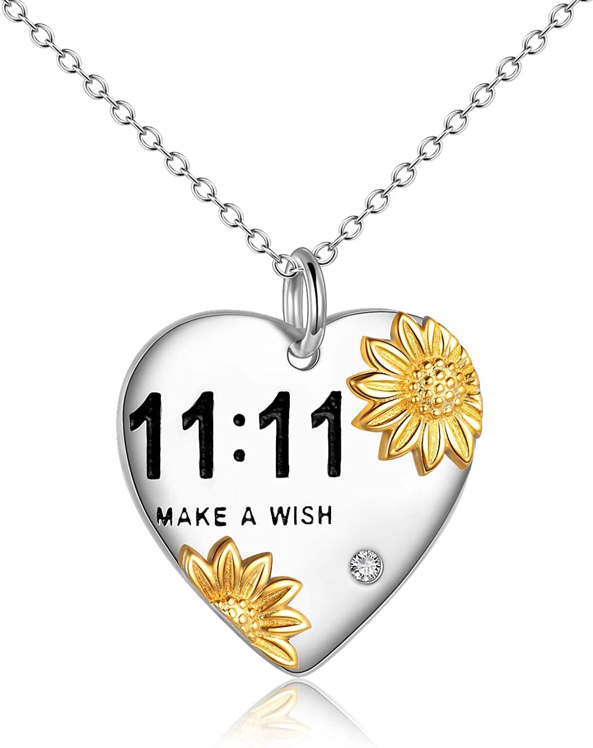 Daughter/Grandma/Wife/Sister/Mother Birthday Valentines Gifts from Mom Dad for Daughter Sterling Silver Sunflower Love Heart Pendant Necklace Graduation Gifts for Women silver-11:11 make a wish necklace