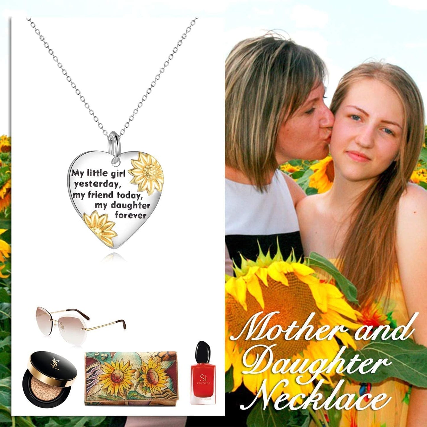 Daughter/Grandma/Wife/Sister/Mother Birthday Valentines Gifts from Mom Dad for Daughter Sterling Silver Sunflower Love Heart Pendant Necklace Graduation Gifts for Women