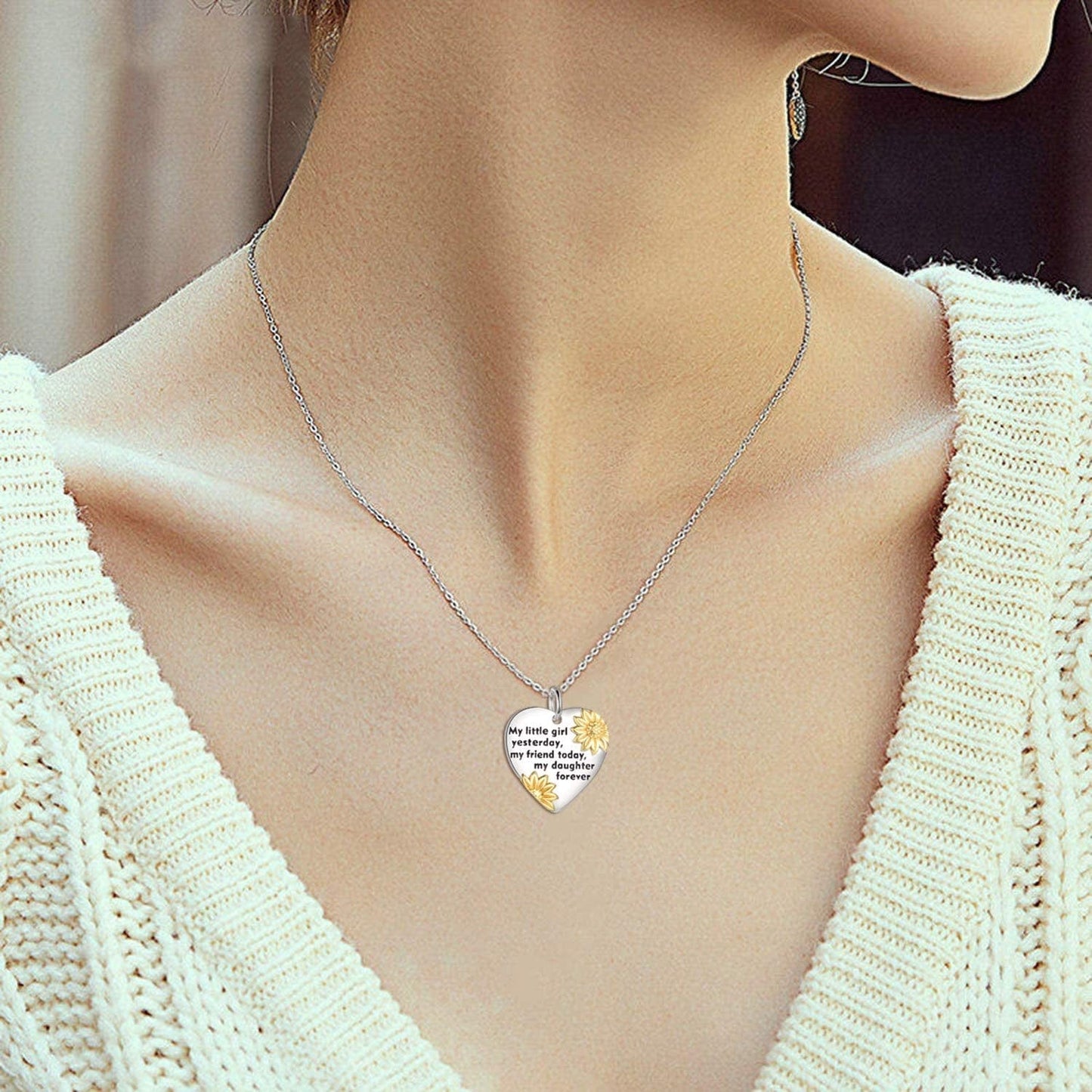 Daughter/Grandma/Wife/Sister/Mother Birthday Valentines Gifts from Mom Dad for Daughter Sterling Silver Sunflower Love Heart Pendant Necklace Graduation Gifts for Women