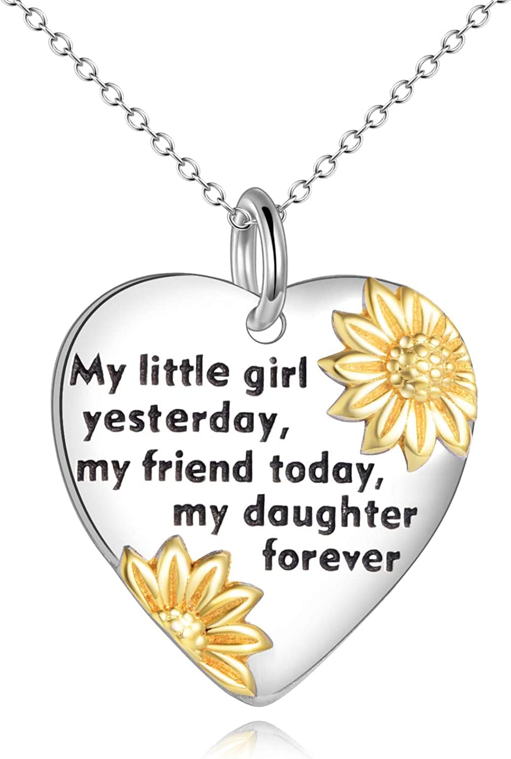 Daughter/Grandma/Wife/Sister/Mother Birthday Valentines Gifts from Mom Dad for Daughter Sterling Silver Sunflower Love Heart Pendant Necklace Graduation Gifts for Women silver-daughter necklace