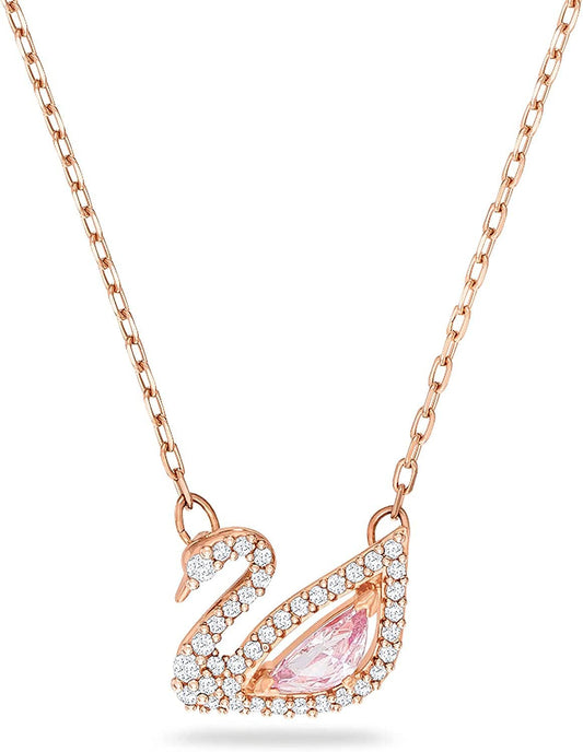 Dazzling Swan Jewelry Collection, Blue Crystals, Pink Crystals, Clear Crystals Pendant Necklace - Rose Gold Tone