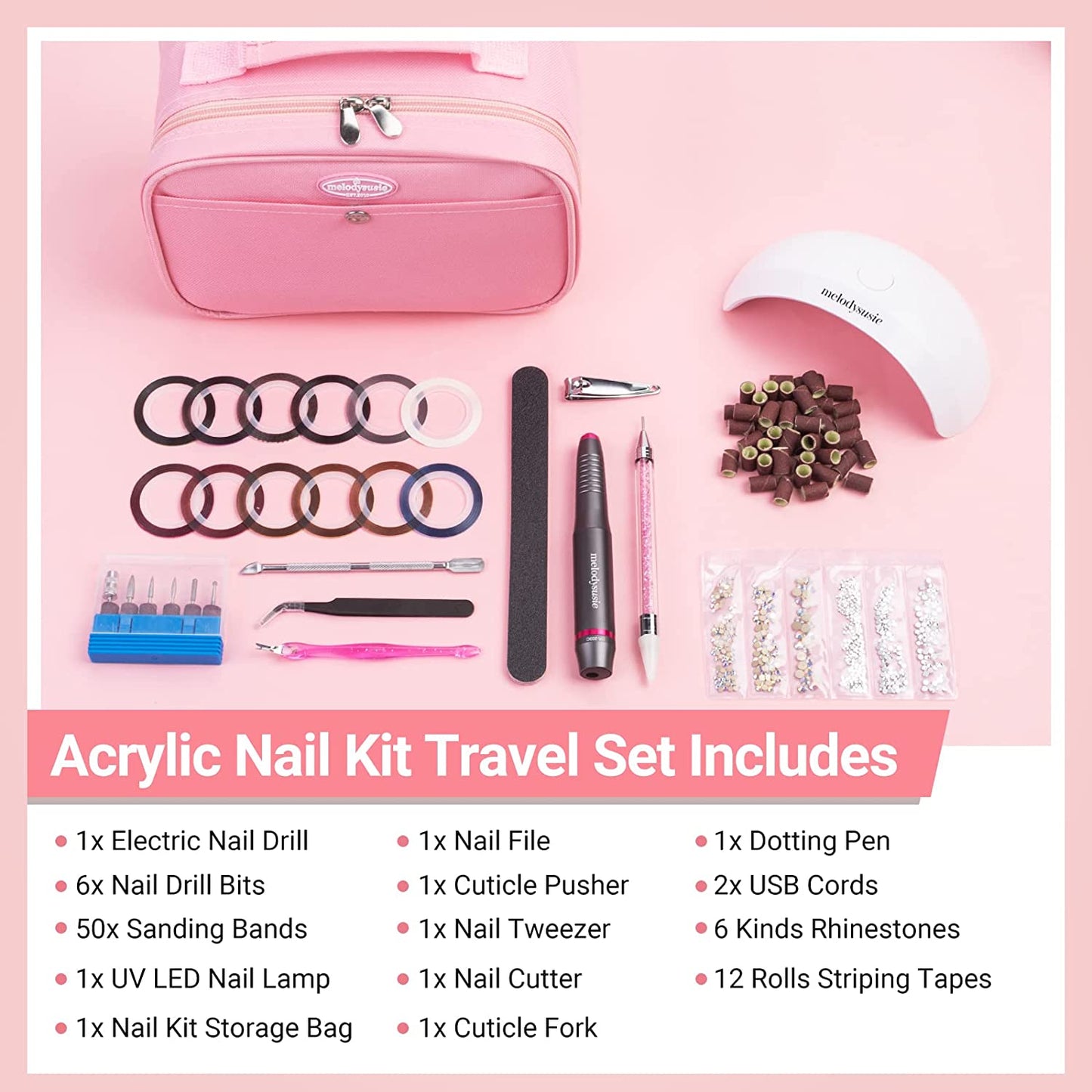 Melodysusie 85 in 1 Acrylic Nail Kit with Storage Bag Pink, Portable Electric Nail Drill, U V LED Nail Lamp, Manicure Tools Set, Compact Gel Nail Starter Kit, Nail Art Supplies DIY at Home Health & Beauty > Personal Care > Cosmetics > Cosmetic Tools > Nail Tools MelodySusie