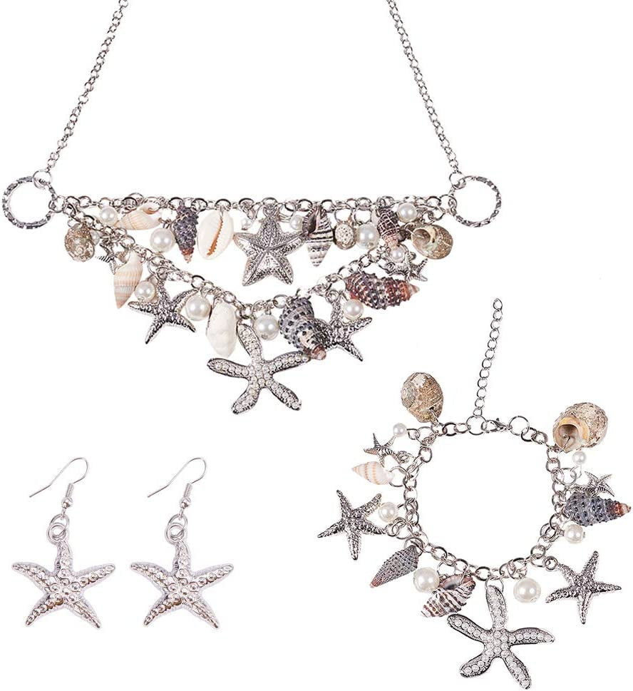 PH Pandahall Starfish Shell Anklet Bracelets Conch Starfish Faux Pearl Anklet Bracelet Charm Women Bohemian Adjustable Shell Bracelet Mermaid Costume Jewelry for Women Silver(7” with 2” Extend Chain) Apparel & Accessories > Jewelry > Anklets PH PandaHall bracelet & necklace & earrings + Gift Box