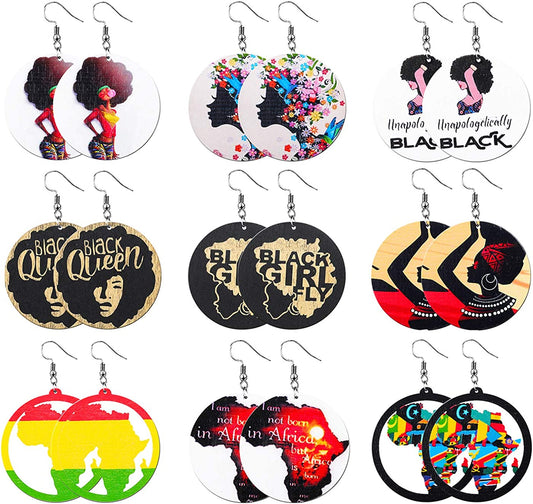 Honsny 9-12 Pairs African Wooden Earrings for Women round Wooden Painted Ethnic Earrings Drop Dangle Earrings Set Apparel & Accessories > Jewelry > Earrings Honsny B-9Paris