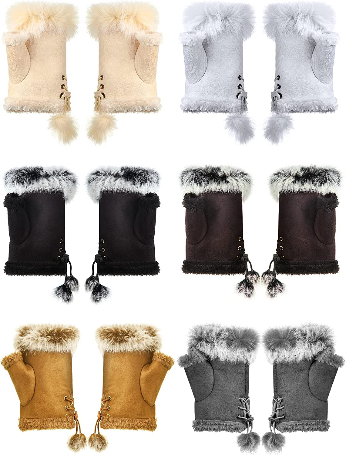 SATINIOR 6 Pairs Women Faux Rabbit Fur Gloves Fingerless Winter Gloves Mittens Warm Gloves Stretchy Hand Wrist Warmers Gloves Half Gloves for Women Girls Teen Working Writing Apparel & Accessories > Clothing Accessories > Gloves & Mittens SATINIOR