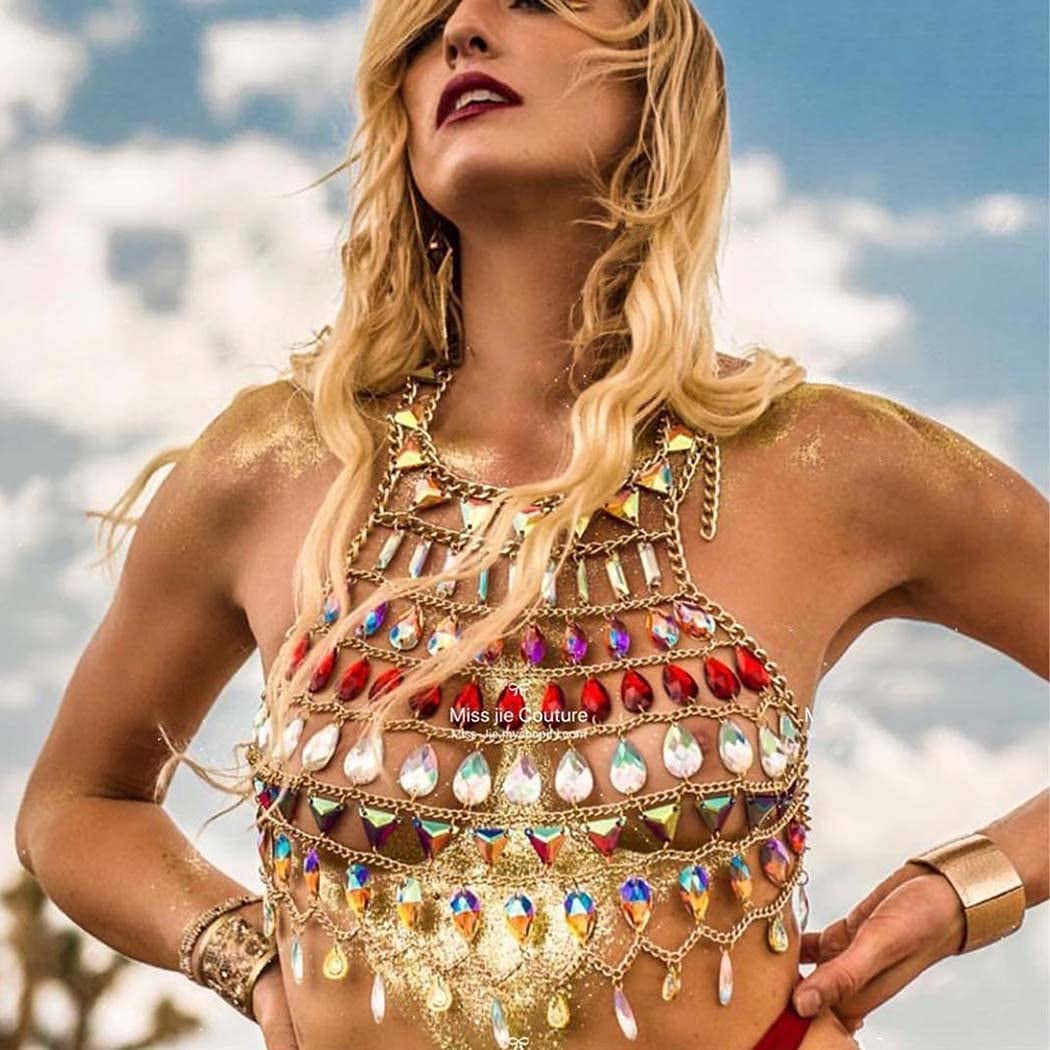 Salliy Boho Body Chain Bra Gold Sexy Rhinestone Bikini Bra Body Halter Backless Sequins Chain Bra Beach Body Accessories Jewelry for Women and Girls (Red) Apparel & Accessories > Jewelry > Body Jewelry Salliy
