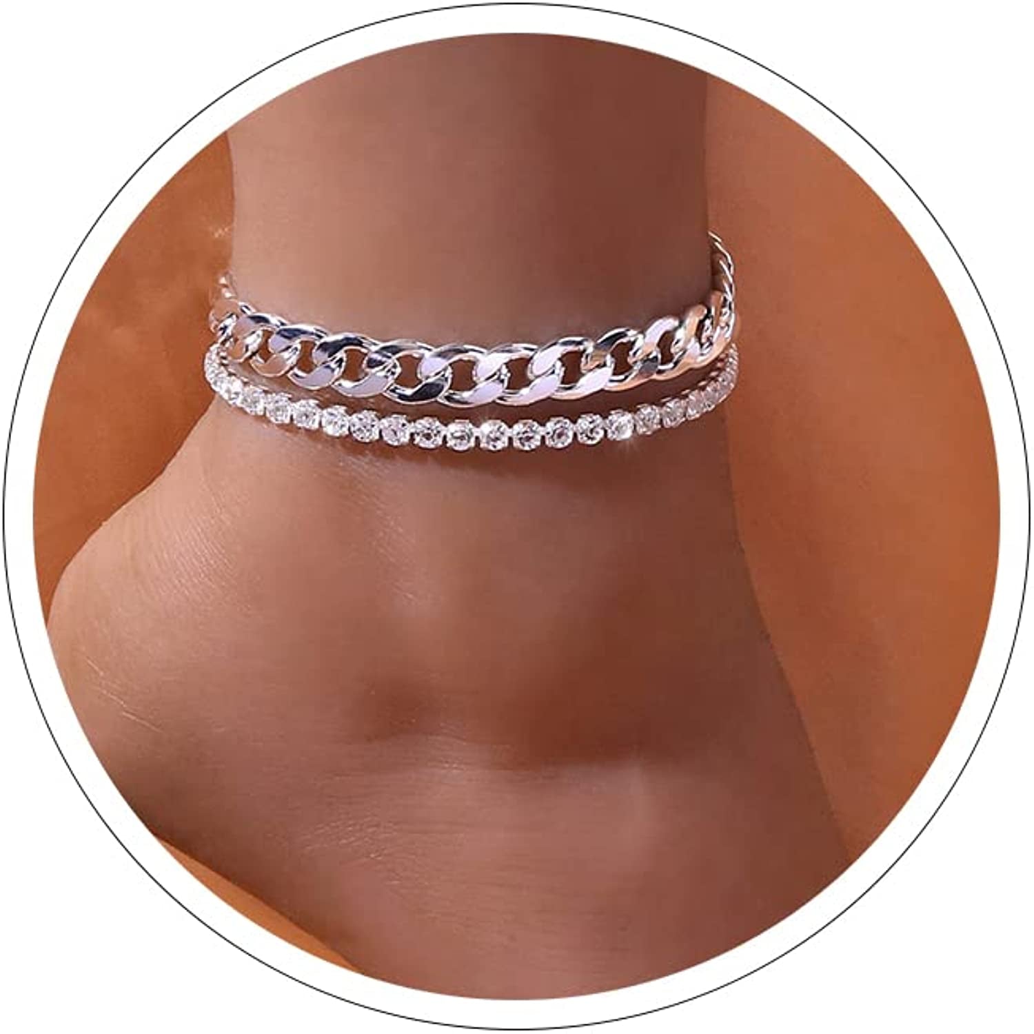 Diamond Ankle Bracelets for Women Gold Cuban Link Anklets Silver Anklets for Women Tennis Ankle Bracelet Silver Rhinestone Anklet Bracelets for Women Crystal Diamond Anklets for Women Apparel & Accessories > Jewelry > Anklets Sora Tuki style5 - silver cuban link diamond anklet