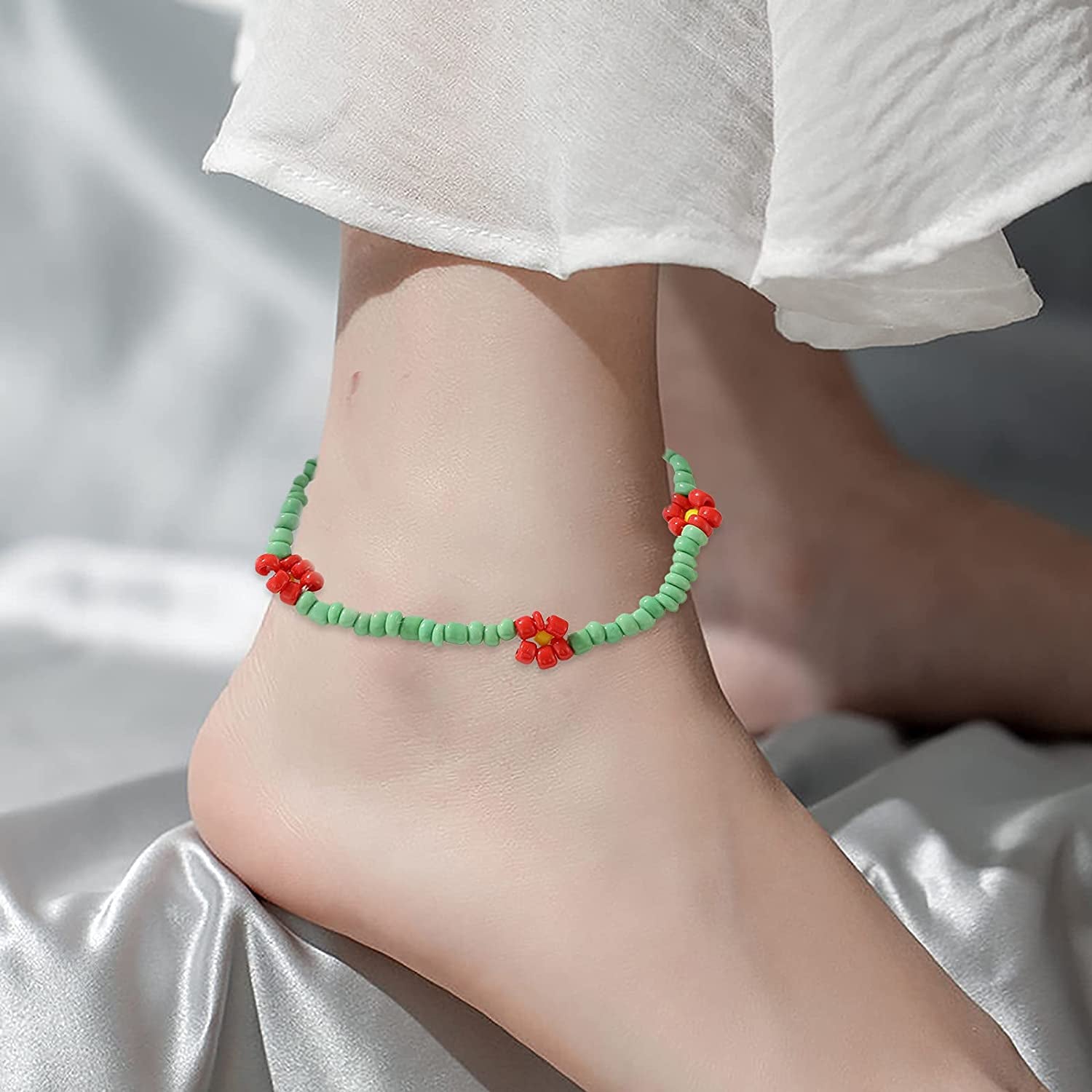 Cute Beaded Anklets for Women Colorful Flower Charm Surfer Ankle Bracelets Stretchy Water-Proof Boho Beach Jewelry for Teen Girls Mom Birthday (D, One Size) Apparel & Accessories > Jewelry > Anklets Generic