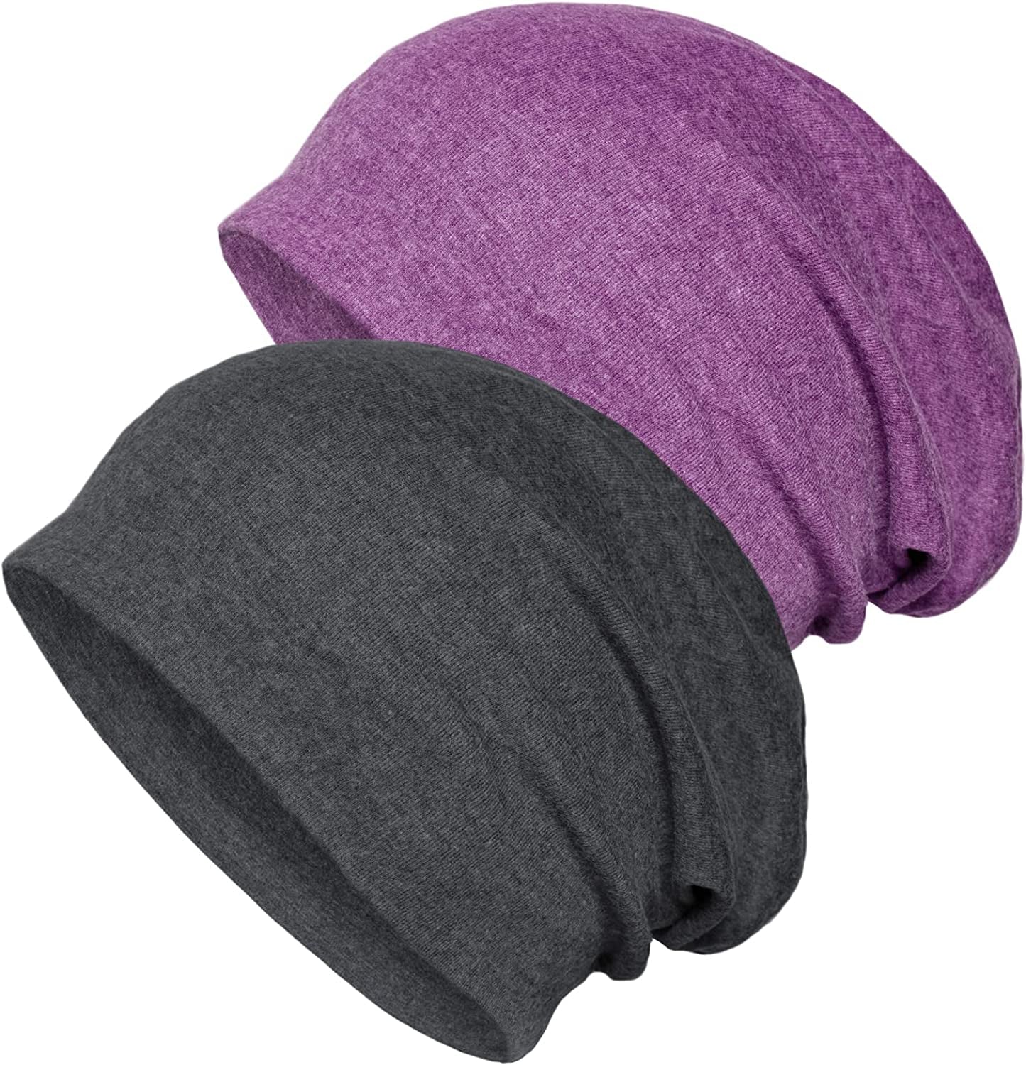 Senker Fashion 2 Pack Cotton Slouchy Beanie Hats, Chemo Headwear Caps for Women and Men Apparel & Accessories > Clothing Accessories > Headwear Senker Fashion Dark Grey/Purple