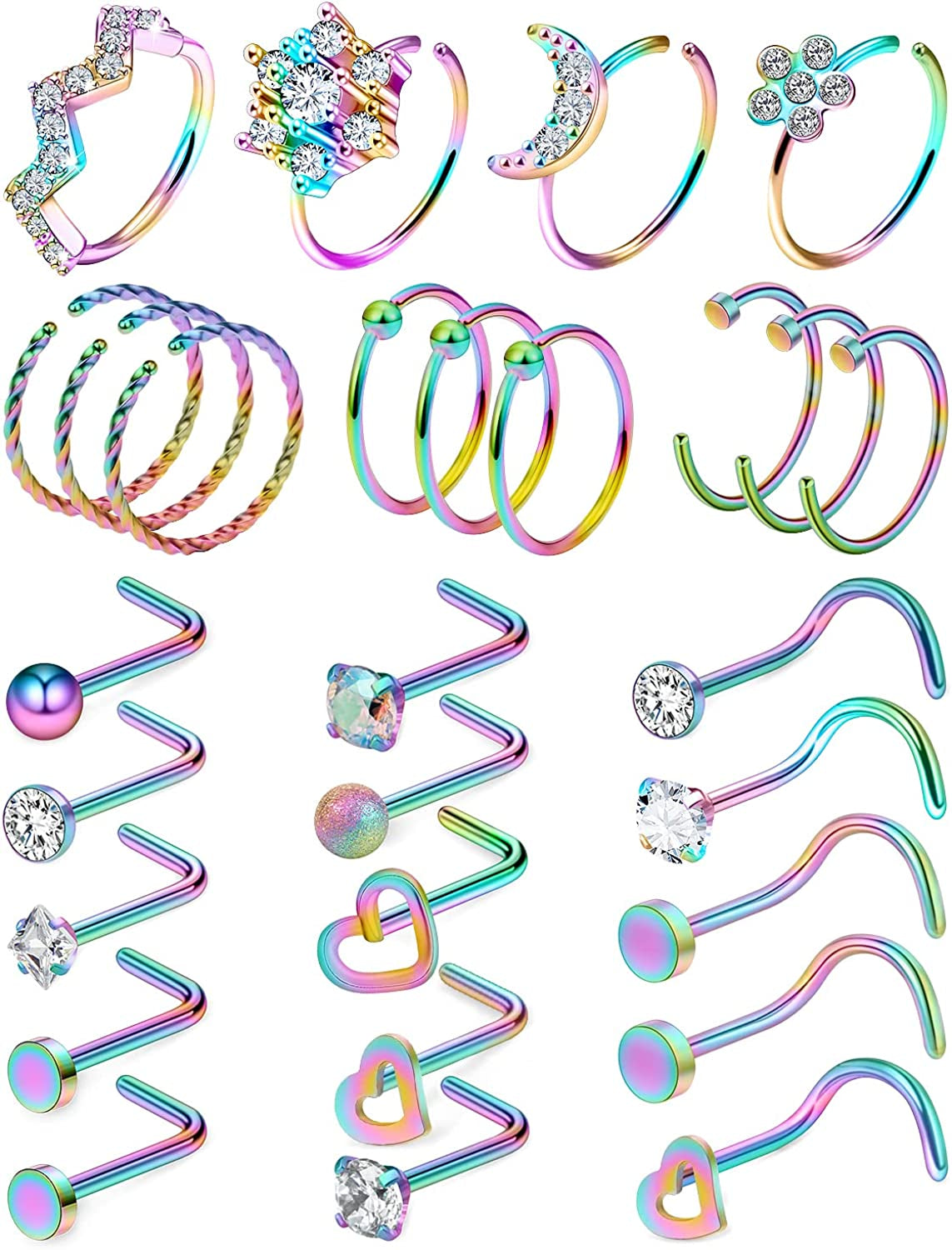 Kridzisw 18G 20G Nose Rings Hoop Stainless Steel L-Shaped Nose Rings Studs Screw Clear Clicker Retainer Tragus Cartilage Helix Earrings Piercing Hoop 27-36Pcs Apparel & Accessories > Jewelry > Body Jewelry Kridzisw 18G(1.0MM)-Colorful