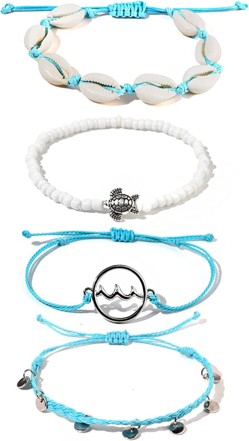Caiyao 4 Pcs Summer Surfer Wave Anklet Bracelets Adjustable Strand Braided String Rope Bracelets Waterproof Handmade Sunflower Bracelets Anklets Jewelry for Women Teen Girls Apparel & Accessories > Jewelry > Anklets InShine blue shell
