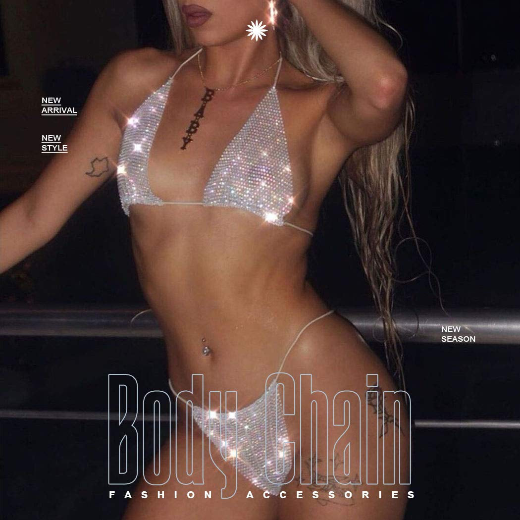 Earent Mesh Rhinestone Body Chain Set Beach Chest Belly Chains Crystal Bikini Nightclub Party Bra Breast Chains Rave Body Jewelry for Women and Girls (Silver) Apparel & Accessories > Jewelry > Body Jewelry EARENT