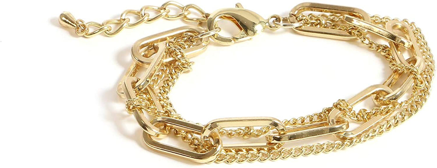 Gold Chain Bracelet Sets for Women Girls 14K Gold Plated Dainty Link Paperclip Bracelets Stake Adjustable Layered Metal Link Bracelet Set Fashion Jewelry Apparel & Accessories > Jewelry > Bracelets CONRAN KREMIX Style-2