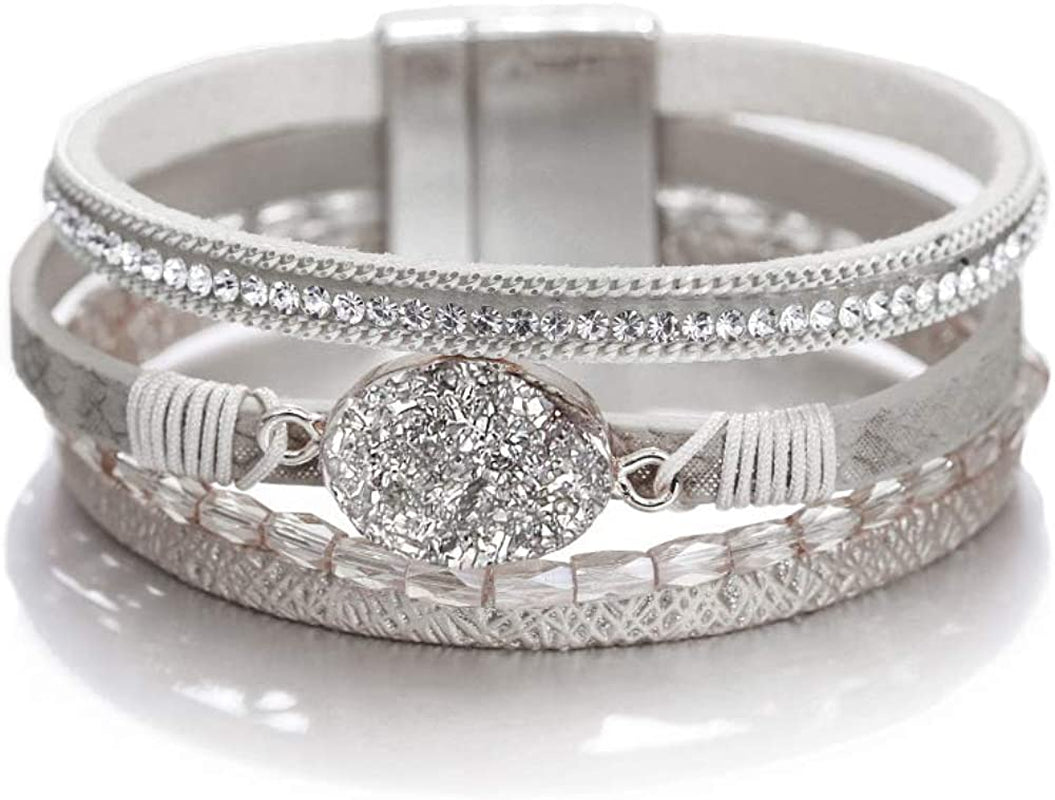 Fesciory Leopard Bracelet for Women Wrap Multi-Layer Leather Bracelet Magnetic Clasp Cuff Bangle Jewelry Apparel & Accessories > Jewelry > Bracelets Fesciory B19-Silver Stone(Short)