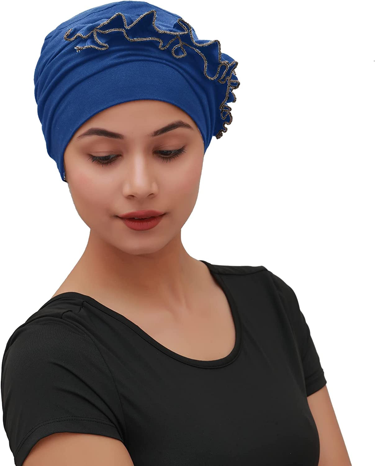 SAKUCHI Women Chemo 2 Piece Ruffle Cap & Band for Cancer Hair Loss Women Silky Soft Bamboo Headwear (2 Piece) Apparel & Accessories > Clothing Accessories > Headwear SAKUCHI Classic Blue