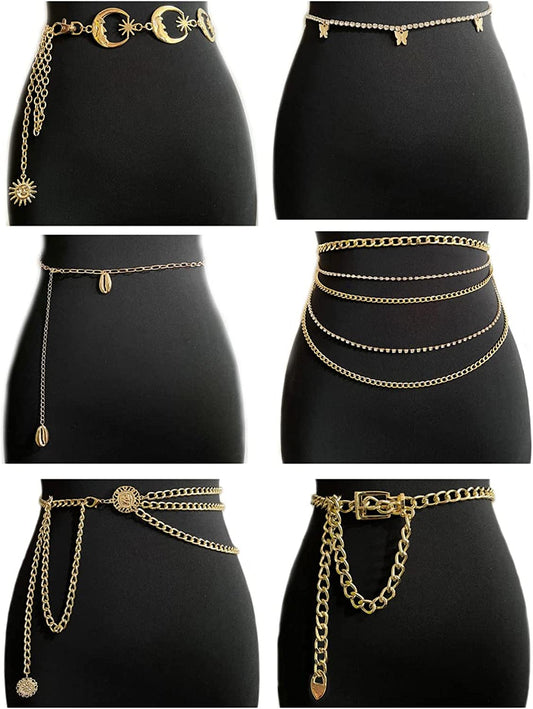 Tornito 5-6Pcs Boho Multilayer Coins Waist Chain Butterfly Sunflower Disc Golden Waist Belt Tassel Chest Sexy Body Belly Chain Double O Ring Summer Beach Bikini Bra Chain Adjustable Body Harness for Women Girls Apparel & Accessories > Jewelry > Body Jewelry Tornito C:6 Pcs(Butterfly)