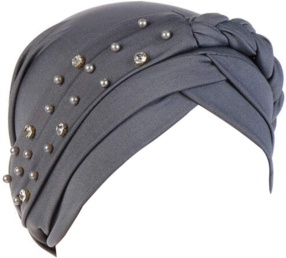 Beauty YFJH Women Hijab Beading Pre-Tied Twisted Braid Turban Hat Head Scarf Cancer Chemo Beanies Headwear Headwrap Cap Apparel & Accessories > Clothing Accessories > Headwear beauty YFJH Gray