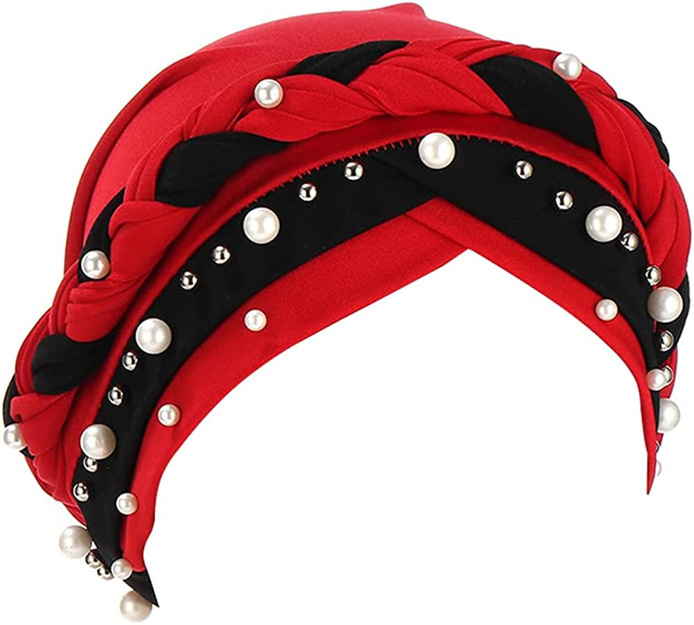 Fxhixiy Women Hijab Beading Pearl Braid Turban Hat Head Scarf Cancer Chemo Beanies Bandana Headwrap Cap Apparel & Accessories > Clothing Accessories > Headwear Fxhixiy Red Black