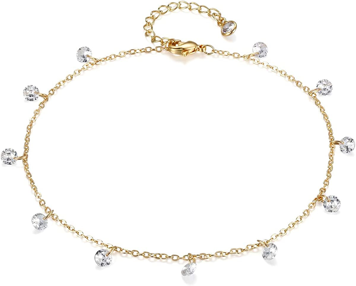 LOYATA Dainty Ankle Bracelet,14K Gold Plated Tiny Bead Anklet Dainty White Cubic Zirconia Cross Tassel Foot Chain Cute Lucky Moon Evil Eye Foot Jewelry Boho Anklets for Women Apparel & Accessories > Jewelry > Anklets LOYATA CZ