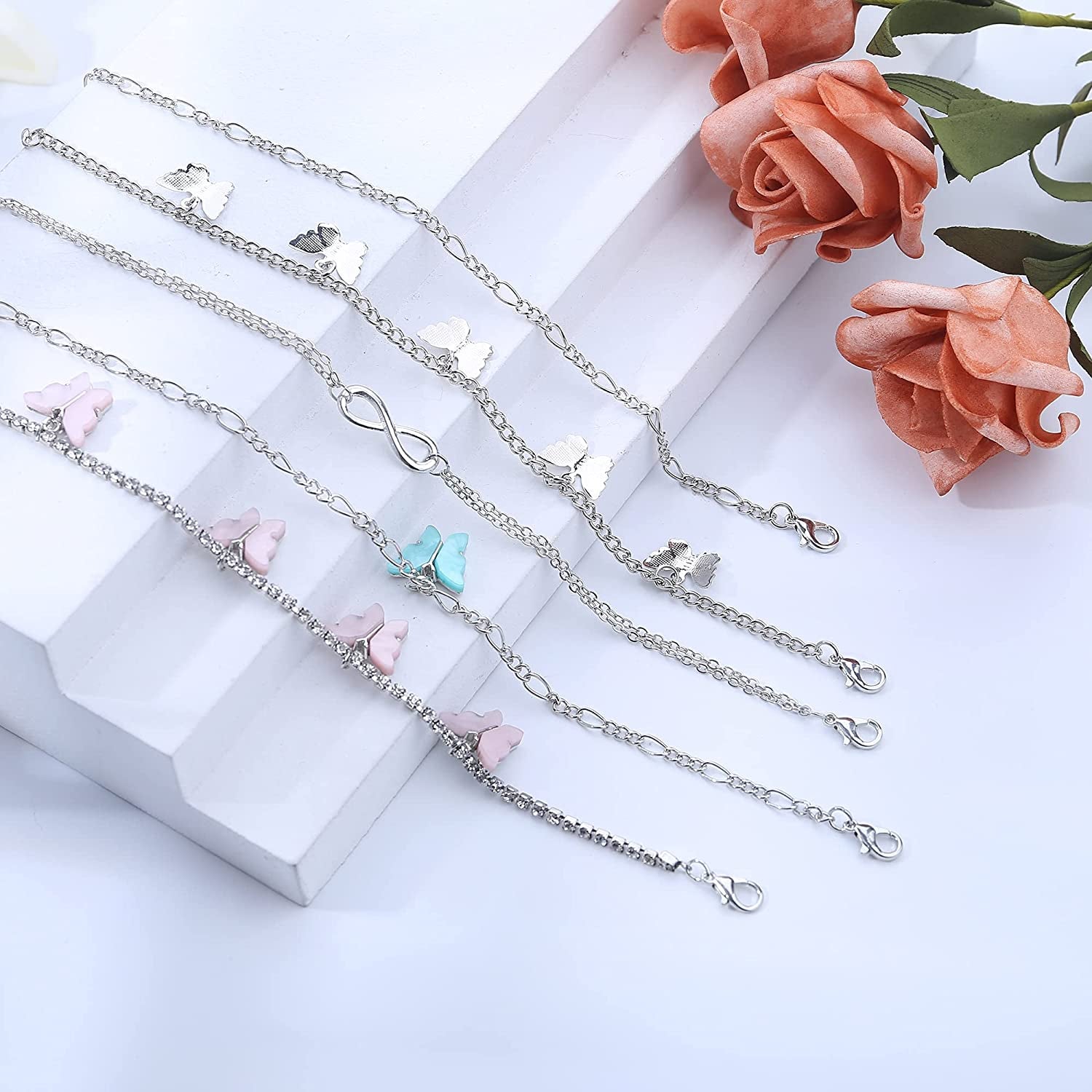 LOLIAS 14Pcs Butterfly Anklets for Women Cute Rhinestone Tennis Ankle Bracelets Boho Summer Beach Layered Chain Anklet Foot Jewelry Apparel & Accessories > Jewelry > Anklets LOLIAS