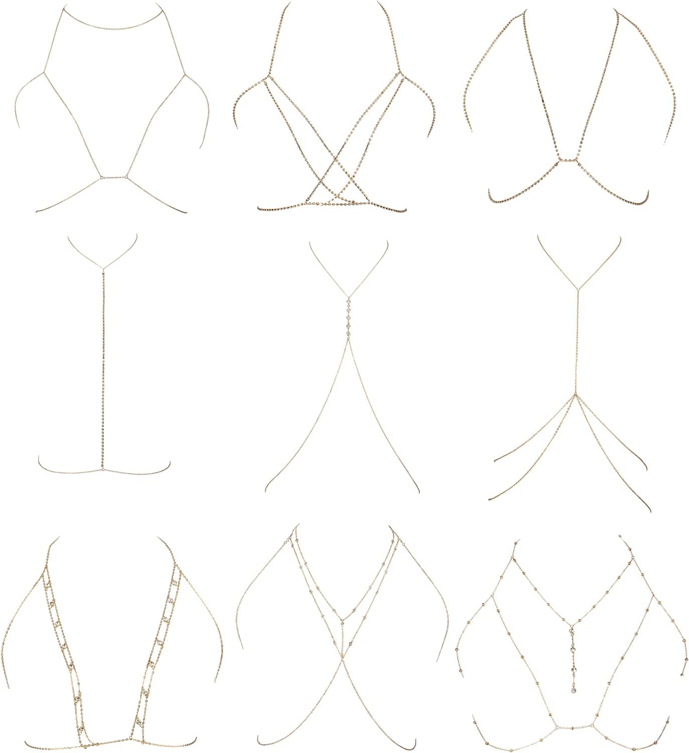 NICEIGHT 9PCS Body Chain for Women Sexy Bikini Bra Chain Necklace Belly Waist Chain for Summer Beach Length Adjustable Apparel & Accessories > Jewelry > Body Jewelry NICEIGHT Gold-tone