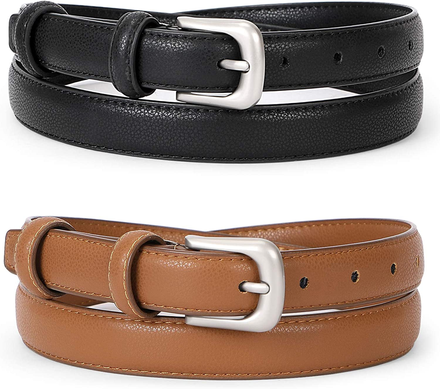WERFORU 2 Pack Women Leather Belt Waist Skinny Dress Belts Solid Pin Buckle Belt for Jeans Pants Apparel & Accessories > Clothing Accessories > Belts WERFORU B-black/Brown Fit Size 35"-39"