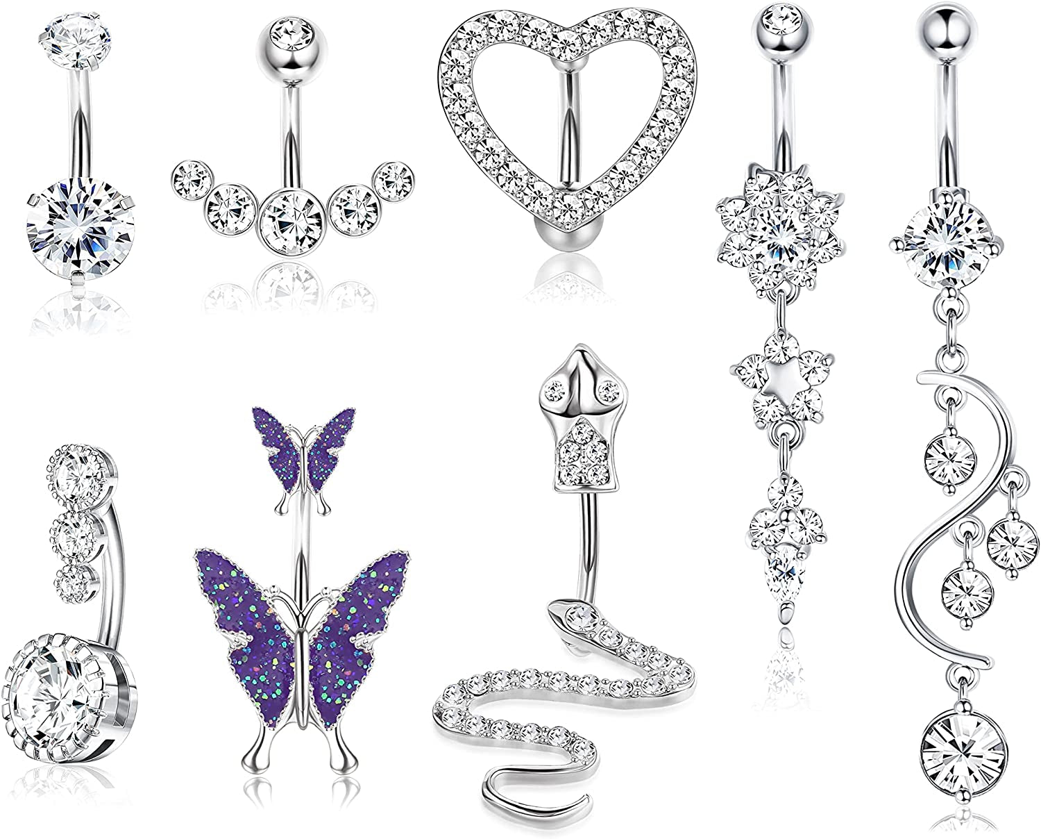 CASSIECA 14G Belly Button Rings Dangle for Women 316L Stainless Steel Snake Heart Shiny CZ Butterfly Navel Belly Rings Barbell Body Piercing Jewelry Apparel & Accessories > Jewelry > Body Jewelry CASSIECA Silver Tone