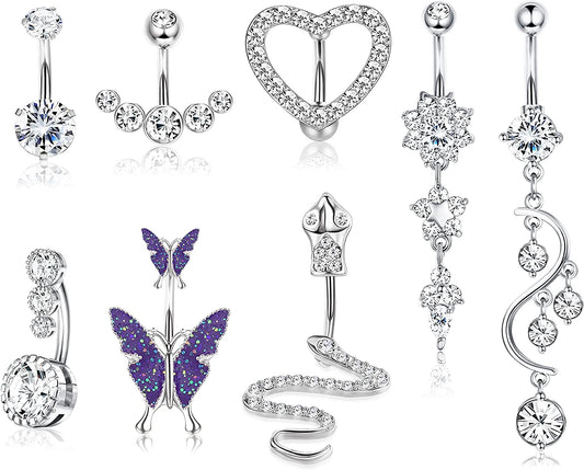 CASSIECA 14G Belly Button Rings Dangle for Women 316L Stainless Steel Snake Heart Shiny CZ Butterfly Navel Belly Rings Barbell Body Piercing Jewelry Apparel & Accessories > Jewelry > Body Jewelry CASSIECA Silver Tone