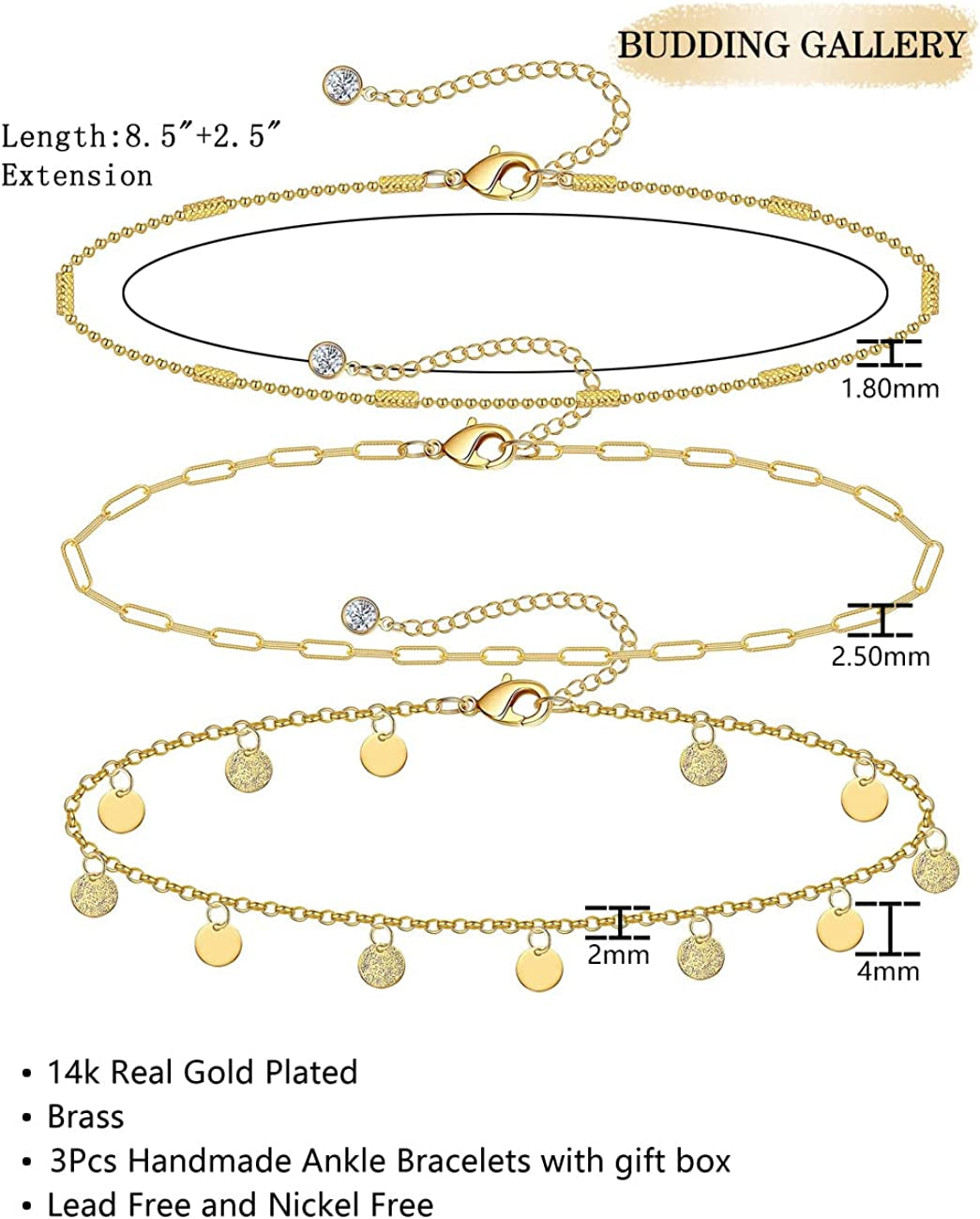 Gold Ankle Bracelets for Women 14K Gold Plated Anklet Silver Evil Eye Butterfly Star Rose Quartz Bead Box Paperclip Chain Dainty Layered Anklet Set 3Pcs Jewelry Gifts for Teen Girls Apparel & Accessories > Jewelry > Anklets Budding Gallery