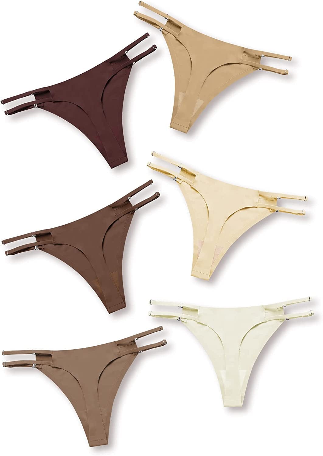 DEANGELMON Seamless G-String Thongs for Women Pack No Show Thong Underwear Adjustable Stretch Low Rise Panties Coffee - 6 Pack / Small