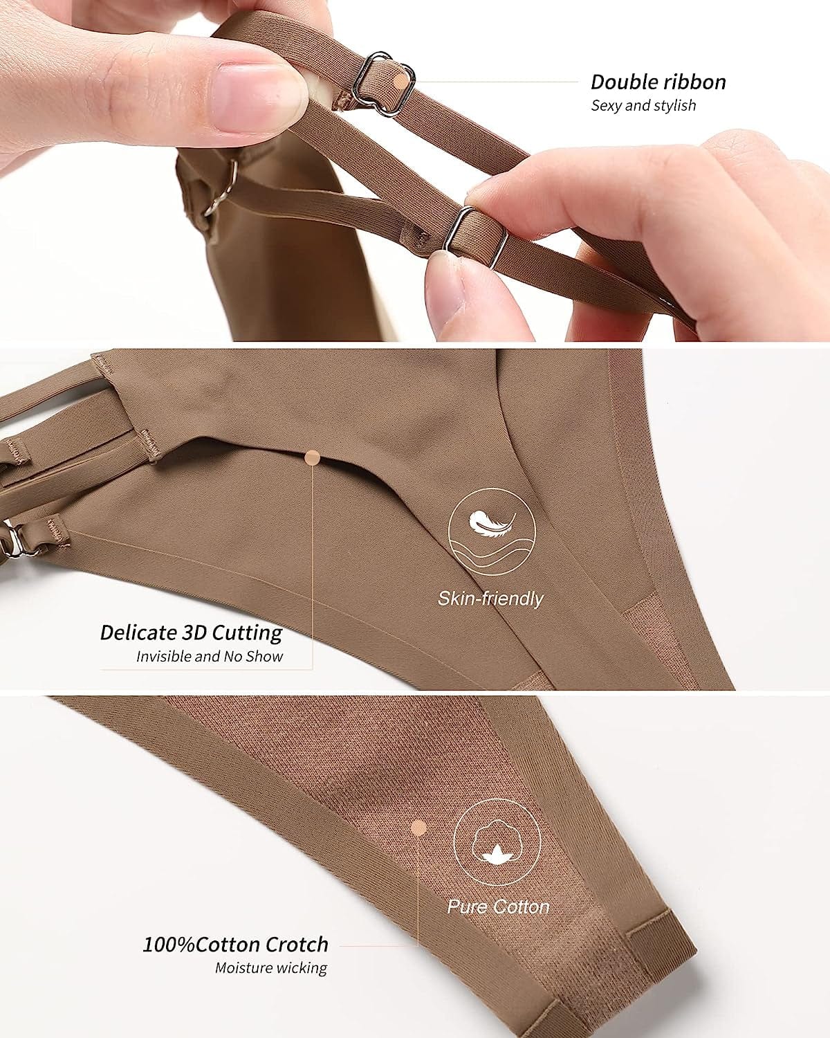 DEANGELMON Seamless G-String Thongs for Women Pack No Show Thong Underwear Adjustable Stretch Low Rise Panties