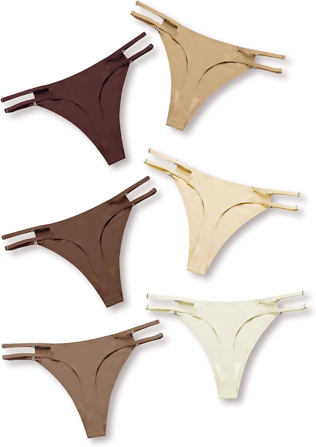 DEANGELMON Seamless G-String Thongs for Women Pack No Show Thong Underwear Adjustable Stretch Low Rise Panties Coffee - 6 Pack / Medium
