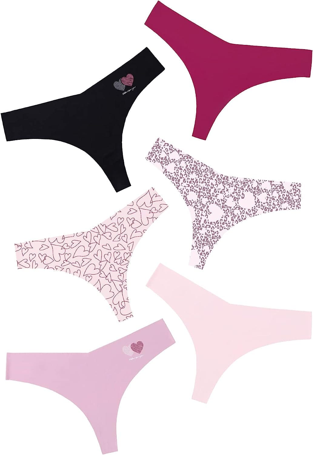 DEANGELMON Seamless Thongs for Women No Show Thong Underwear Women Comfortable Multiple Pack Love Heart-6pack / Large