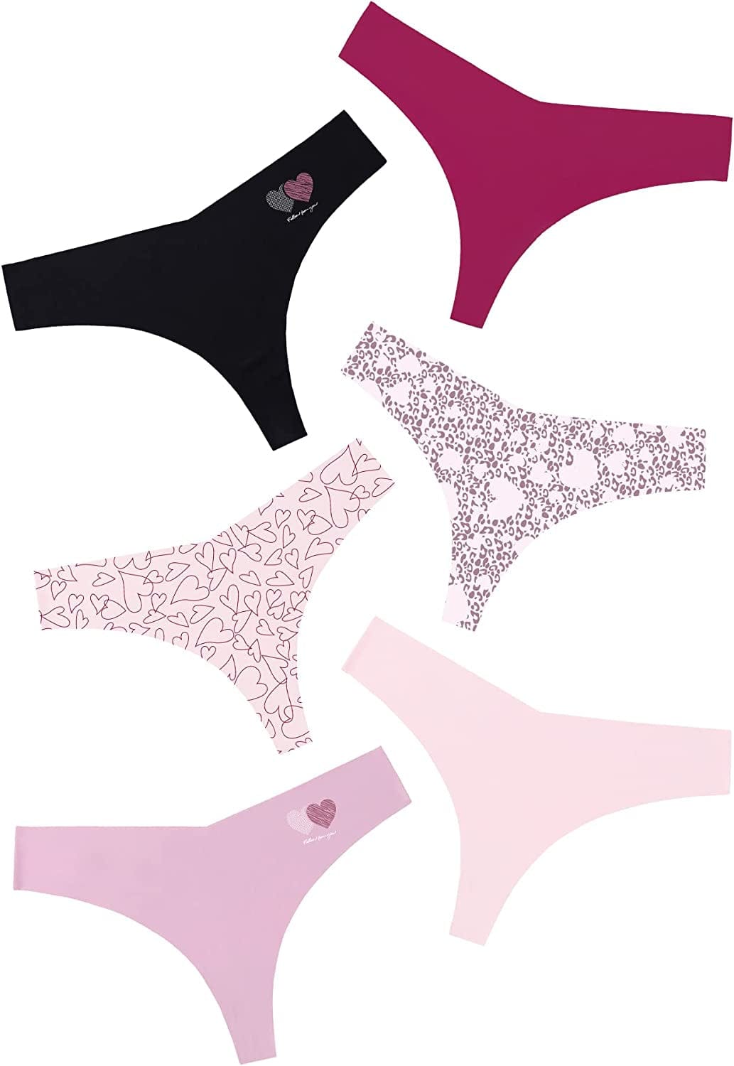 DEANGELMON Seamless Thongs for Women No Show Thong Underwear Women Comfortable Multiple Pack Love Heart-6pack / Small