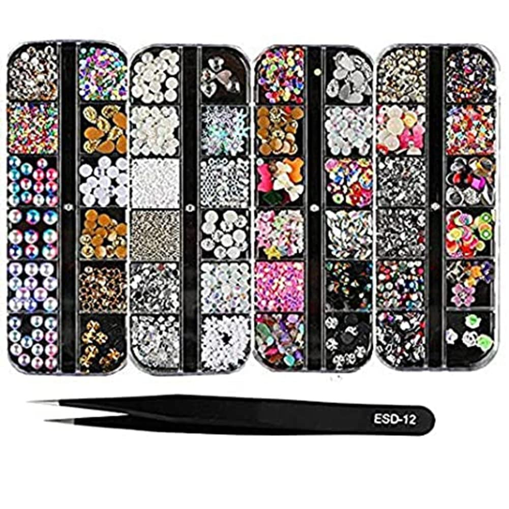 BEINNY 4 Boxes 12 Grids Nail Art Rhinestones + 1 PC Dotting Pen + 1 PC Straight Tweezer Tool Kits Nail Art Rhinestones Studs Health & Beauty > Personal Care > Cosmetics > Cosmetic Tools > Nail Tools BEINNY